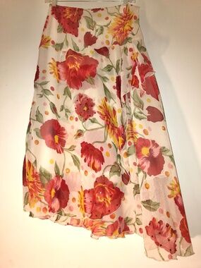 NWT Vintage Y2K Lotus  Red Floral Flower Sequin Accent Ruffle Asym Skirt Cream M